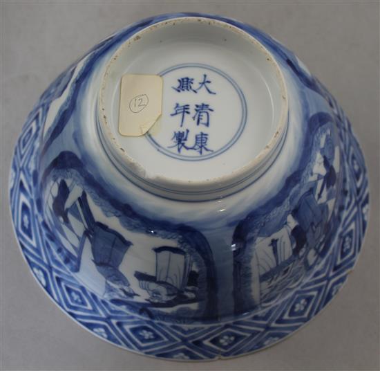 A Chinese blue and white flared bowl, Kangxi six character mark and of the period, 20cm diam., cracked